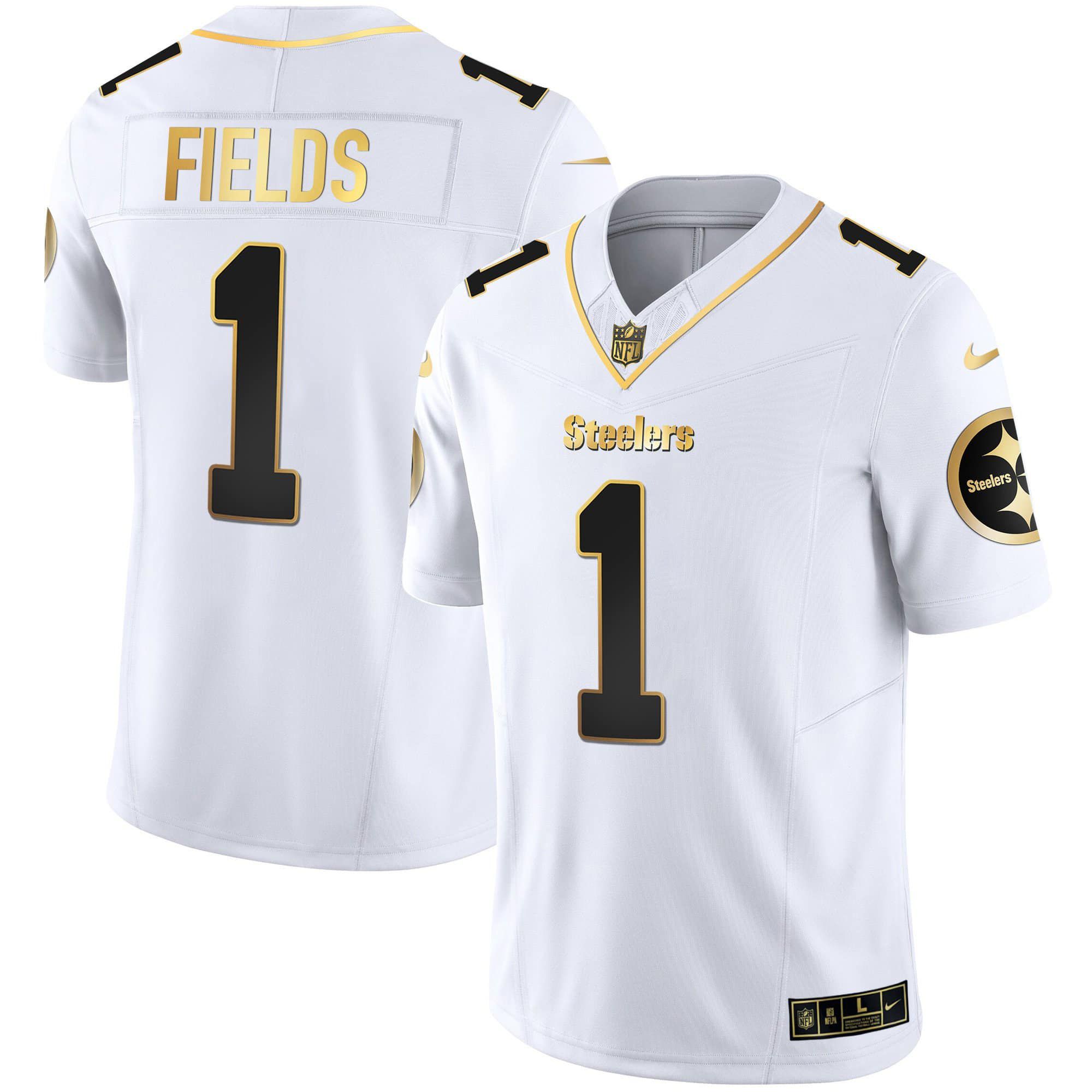 Men Pittsburgh Steelers #1 Fields White Gold 2024 Nike Vapor Limited NFL Jersey